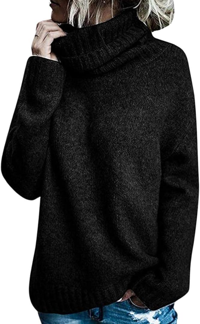 HOTYD Turtleneck Sweater Women Long Sleeve Loose Fit Casual Pullover Sweaters Trendy Cozy Knit Winter Fall Sweaters for Women (Large, Black)