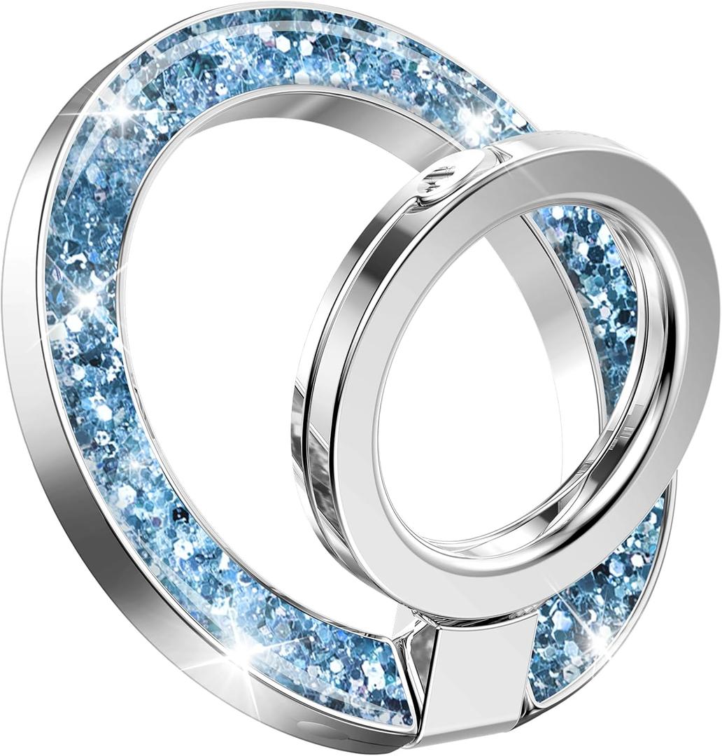 GVIEWIN Magnetic Phone Ring Holder, Compatible with MagSafe Phone Grip with Adjustable Stand, Magnet Phone Ring Kickstand for iPhone 17/16/15/14/13/12 Pro Max Plus Air/Other Phones (Glitter/Blue)