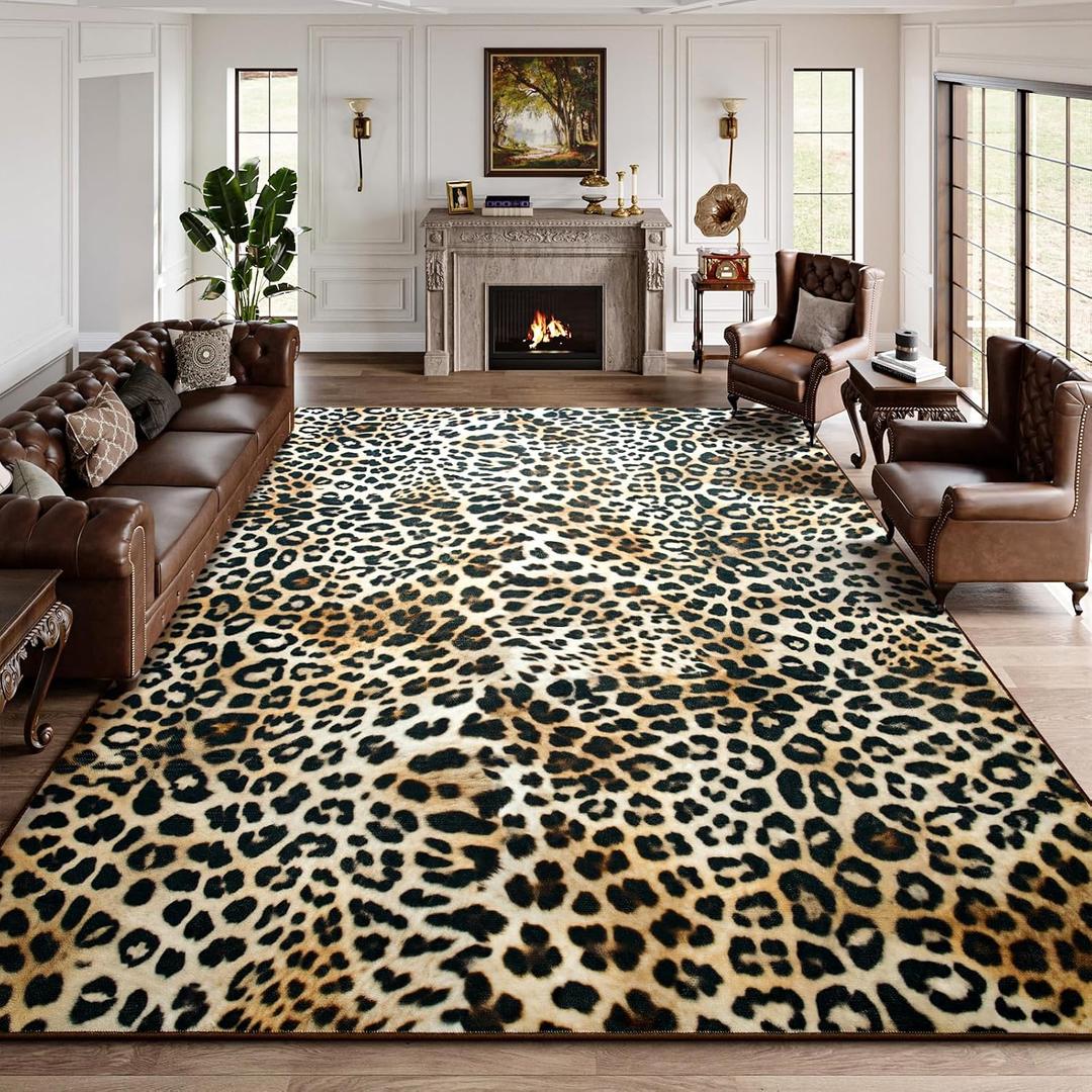 Leopard Print Rug for Living Room, Machine Washable 8x10 Cheetah Area Rugs for Bedroom, Non-Slip Low Pile Animal Hide Carpet with Rubber Backing for Dining Room Kitchen Home Decor,White Brown