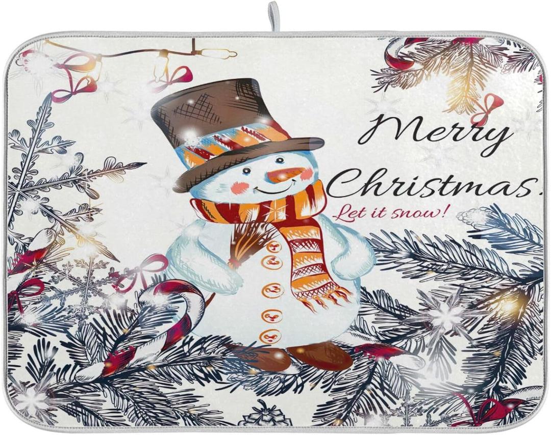Cute Christmas Snowman Dish Drying Mat, Ultra Absorbent Reversible Microfiber, and Protector for Kitchen Countertops 18 In x 24 In