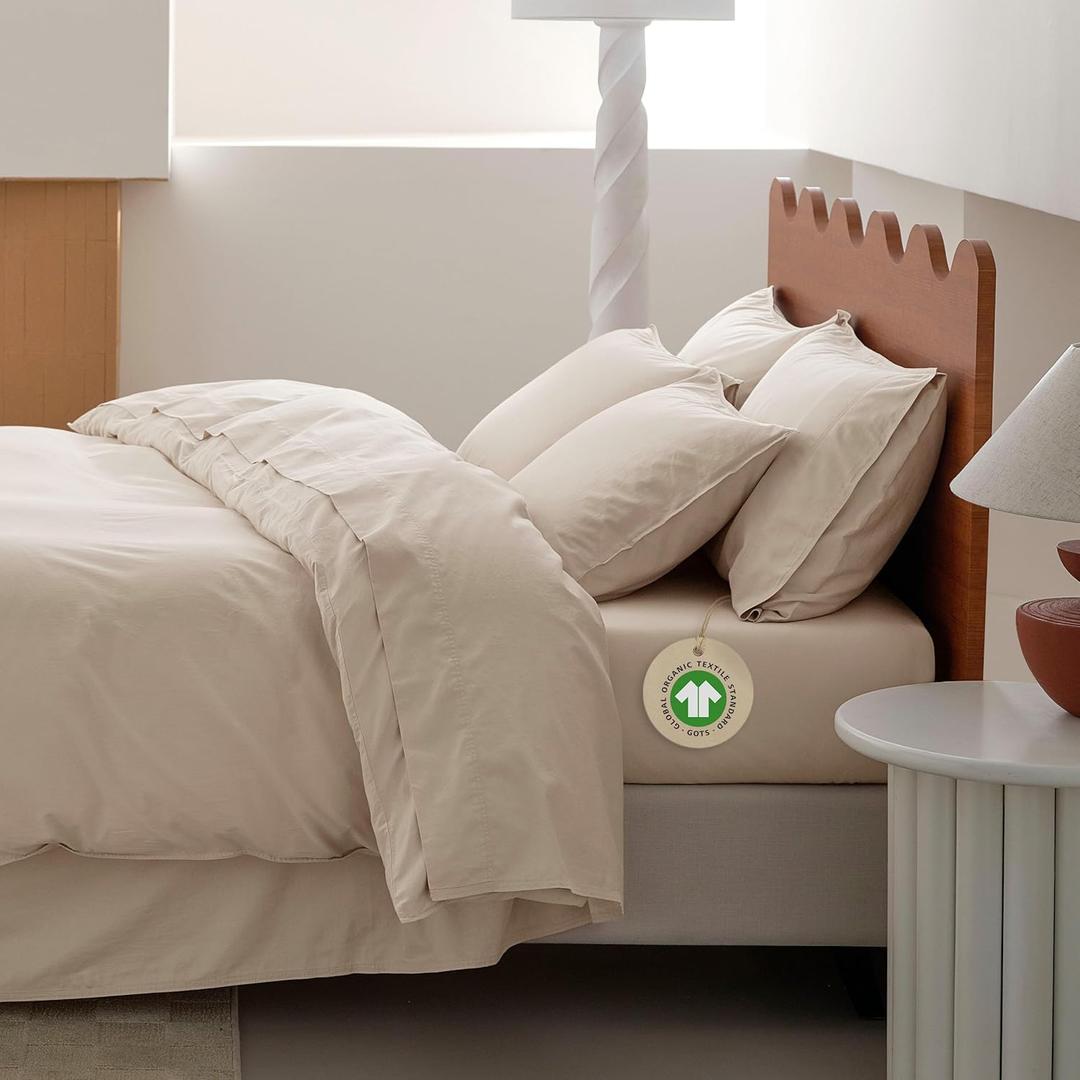 Double Stitch Organic Cotton Sheets Cal King Size - Soft & Breathable Sheet Set 4 Piece Luxury 300 TC Sateen Weave Bedding, 100% GOTS Certified Long Staple Cotton, Made in India, Beige