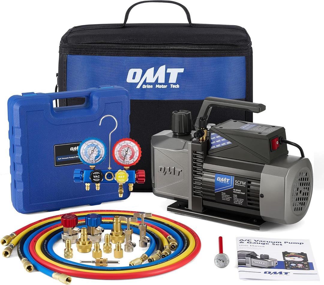 Orion Motor Tech A2L AC Vacuum Pump and Gauge Set, 5 cfm 2 Stage Sparkless Ignition Proof Vacuum Pump for R1234yf R32 R134a R410A System, with 4 Way AC Gauges Quick Couplers Thermometer Can Taps Hoses