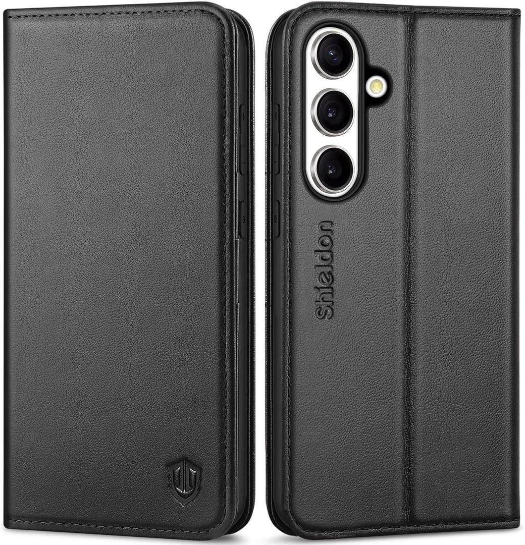 SHIELDON Wallet Case for Galaxy S25+ Plus 6.7", Genuine Leather Folio Design Kickstand RFID Blocking Card Holder Magnetic Full Protection Phone Cover Compatible with Galaxy S25+ 2025 - Black