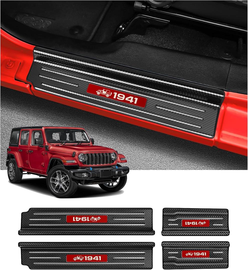 4PCS Door Sill Guards for Jeep 2018-2026 Wrangler JL JLU & 2020-2026 Gladiator JT Accessories Stainless Steel Material Red Trim Door Sill Protector Carbon Fiber Front Rear Door Entry Guard
