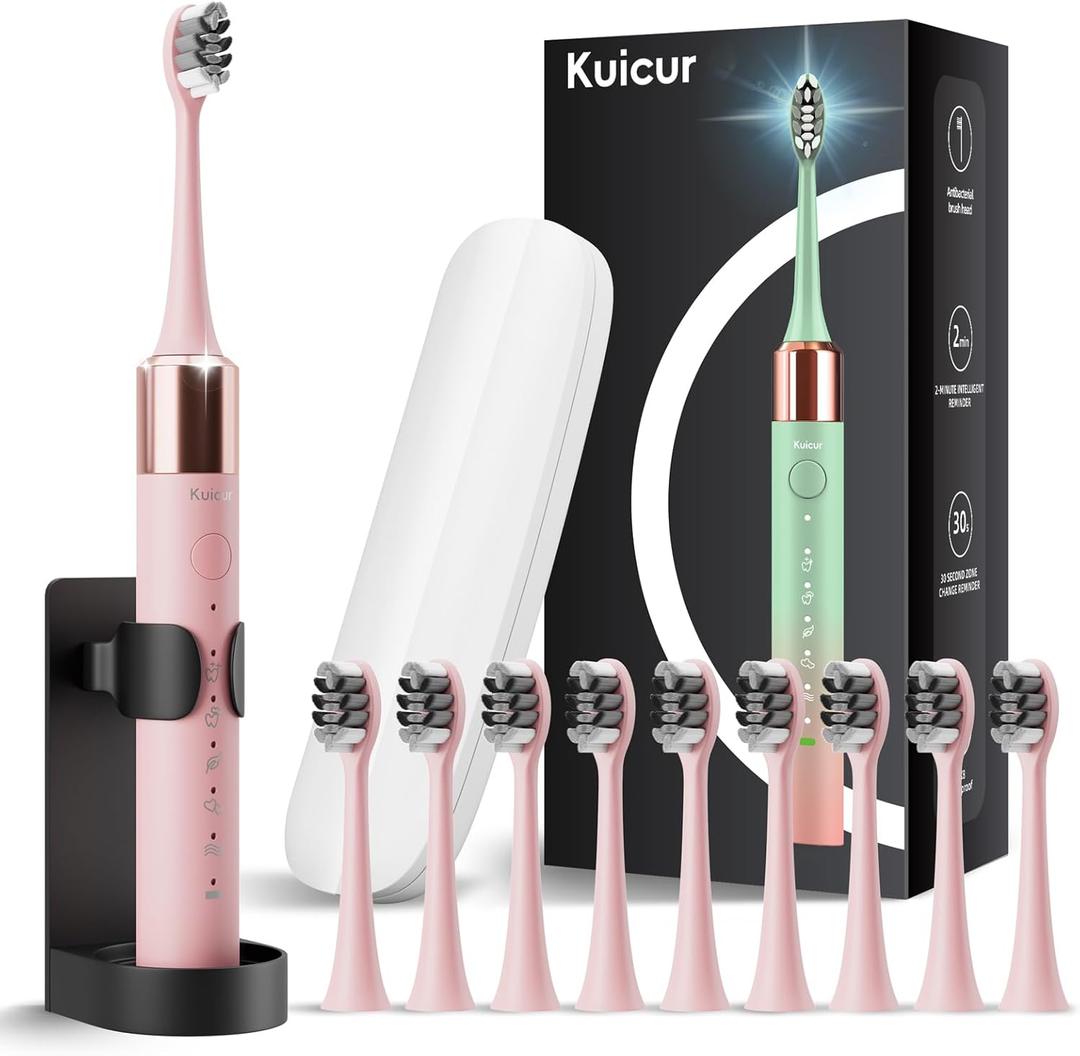 Sonic Electric Toothbrush for Adults & Kids, Rechargeable Electric Toothbrush with 10 Brush Heads & Travel Case, Teeth Whitening, Power Tooth Brush with Holder, Charge for 120 Days - Pink