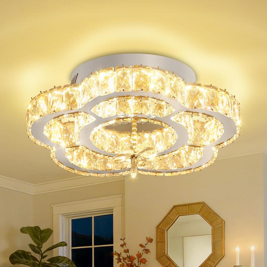 Flashing God W16'' Modern Chandeliers for Living Room Crystal Ceiling Light Fixtures LED Flush Mount Light for Foyer Hallwey Bedrooms Dining Room Dimmable 2700k-6000k