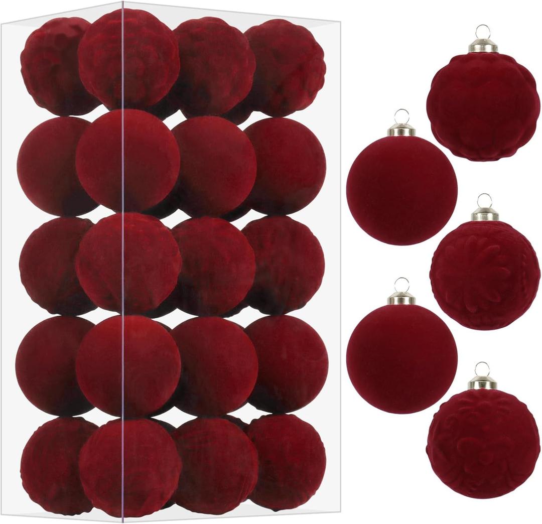 RoseCraft 30PCS Burgundy Velvet Christmas Ball Ornaments Set, 60MM/2.3Inch Shatterproof Flocked Ornament for Christmas Tree Hanging Holiday Valentine's Day Party Xmas Decorations.