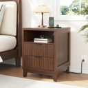 Fluted Nightstand with Charging Station, Modern Night Stand with 2 Slide Drawers and 1 Open Shelf, Walnut End Table with Metal Handles, Bedside Table for Bedroom, 17.7 x 17.7 x 23.6in