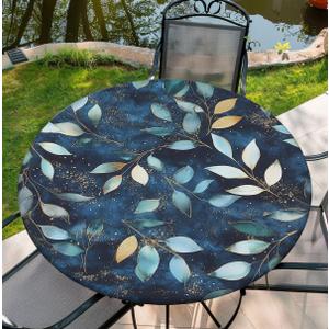 COTAIL Round Tablecloth with Elastic Edge, 36-60Inch Waterproof Table Cloth for Dinner, Outdoor, Picnic, 60inch, Blue Marble and Leaves