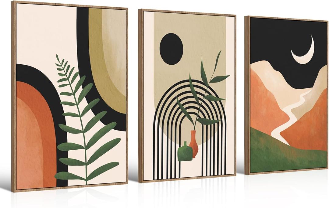 Large Canvas Wall Art Set of 3 Framed Boho Wall Art Mid Century Modern Wall Prints Black Beige Moon Plant Desert Nature Illustrations Artwork, Minimalist Boho Wall Decor for Living Room 16x24in
