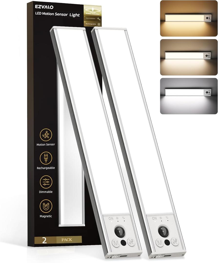 EZVALO 12inch Under Cabinet Lighting, Rechargeable Motion Sensor Light Indoor with 3 Color Temperatures, Dimmable & Magnetic Closet Lights, Wireless Under Counter Lights for Kitchen, Stairs (2 Pack)