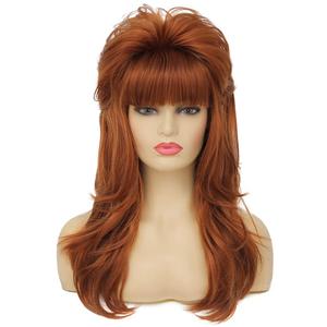80s Women Brown Mullet Wig Long Wavy Ginger Bouffant Synthetic Hair wigs for Married Housewife Vintage Costume or Halloween Party
