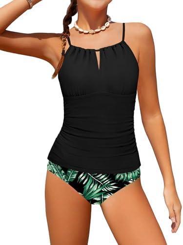 HOTOME Girls Swimsuit Halterneck 2 Piece Girl Swimsuit with Floral Print Shorts Ruched Girls Tankini Swimsuit 11-18 Years, Black + Green