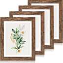 11x14 Picture Frame Set of 4, Made of Glass and Rustic Brown Wooden Frame, Display 8x10 Pictures with Mat or 11 x 14 Posters without Mat for Wall Mounting, Gallery Photo Frames