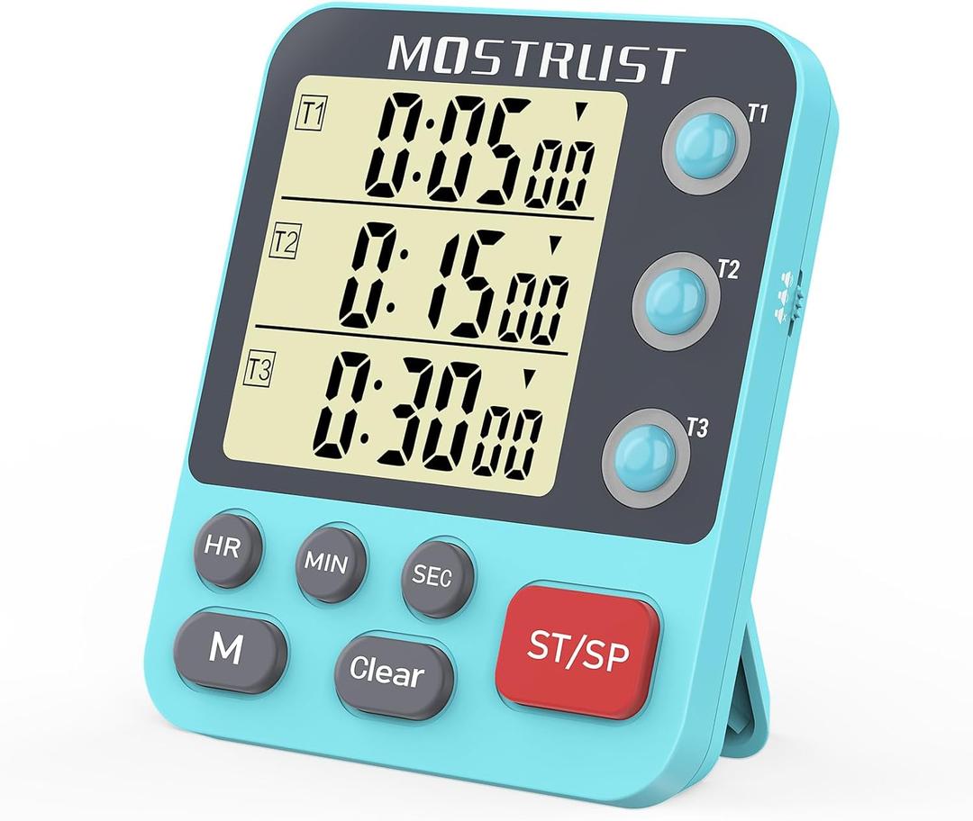 Digital Dual Kitchen Timer, 3 Channels Countdown Triple Timer for Cooking, Magnetic Memory-Preset Large-Display Adjustable Alarm Volume, Multi Times Management, 3A Battery Included, Blue