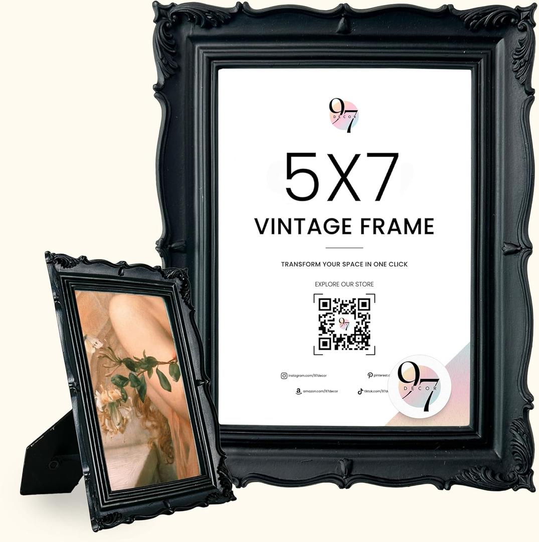 97 Decor Black Gothic Picture Frame 5x7 - Vintage Picture Frames 5x7, Victorian 5 x 7 Frame, Halloween Goth Photo Frames With Glass Front For Tabletop And Wall Hanging, Gothic Wall Decor For Home