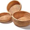 Honey Brown Natural Rattan Bread Basket Set of 3 - Handwoven Round Wicker Serving Bowls for Fruit, Snacks, Kitchen Counter Organizing | Stackable Farmhouse Decor