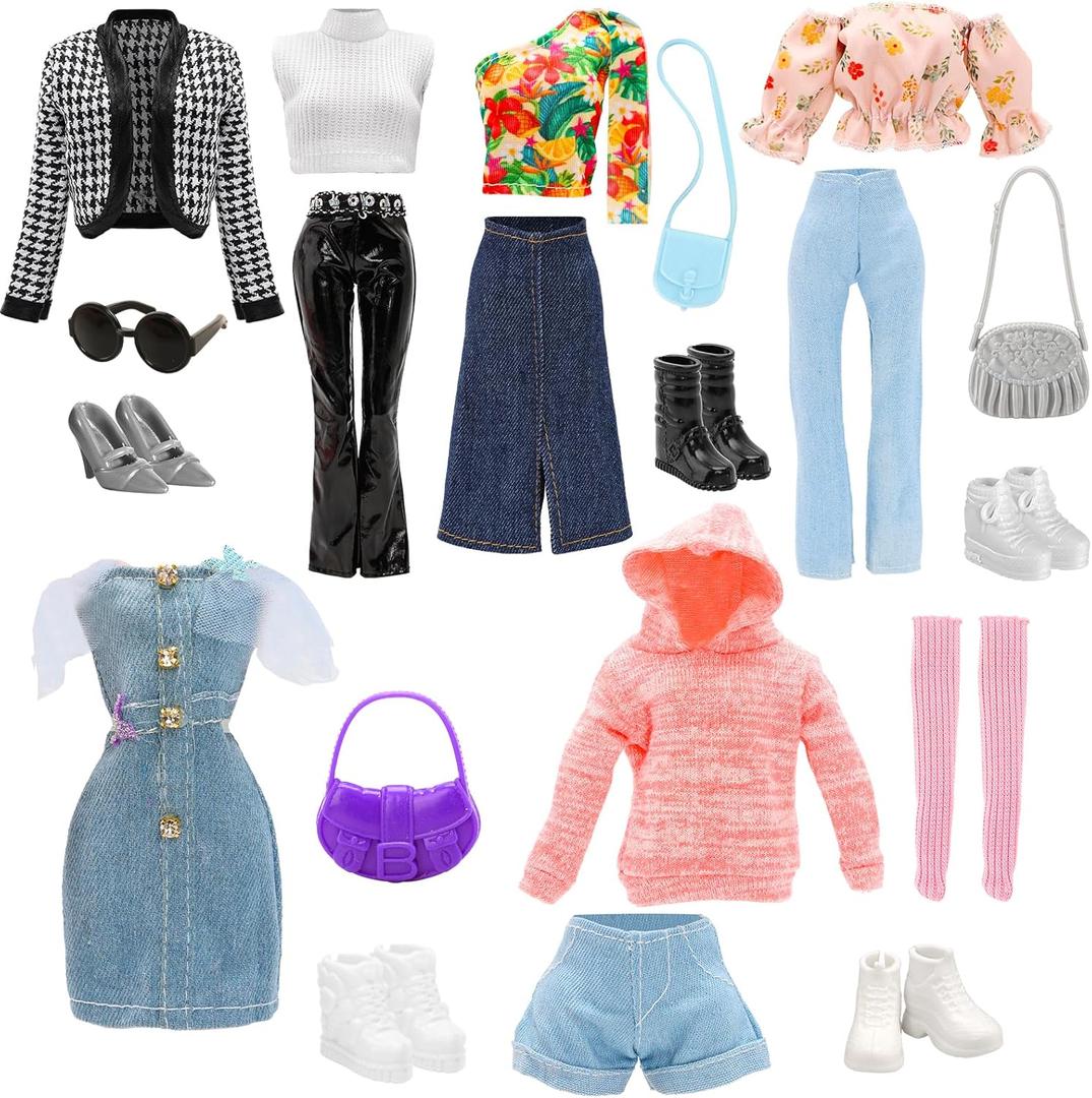 15 PCS Doll Clothes & Accessories Includes 5 Stylish Doll Outfit, Hooded Wear, Dress, Jacket, Casual Clothing with 5 Pairs of Shoes 5 Accessories for 11.5 Inch Girl Dolls Fashion Set