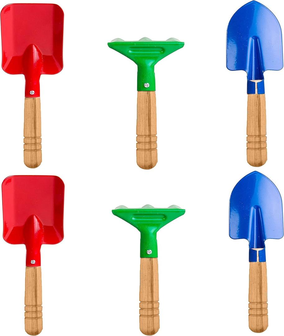 Kids Gardening Tool Set, 6PCS Gardening Tools for Kids Metal with Sturdy Wooden Handle Safe Gardening Tools 8" Children Beach Sandbox Toy, Color May Vary