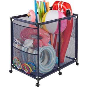 VEVOR Pool Storage Bin, 36.8 x 24 x 35.6 in, Rolling Pool Float Storage Organizer with Side Pockets & Casters, Heavy Duty Metal Frame, Poolside Toys Noodles Holder Mesh Basket for Swimming Pools