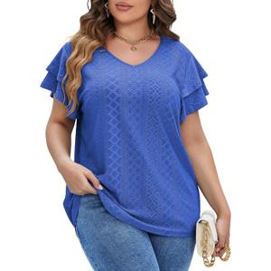 IN'VOLAND Womens Plus Size Blouse Hollow Loose Fit V Neck Ruffle Sleeve Summer Casual Tshirts Tops Royal Blue 22W