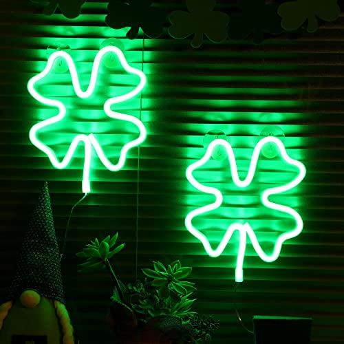 St. Patrick's Day Lighted Window Decoration, 2 Pieces Shamrock Window Lights Green Four Leaf Neon LED Light for St. Patrick's Day Irish Window Wall Indoor Outdoor Decor,9.5 inch