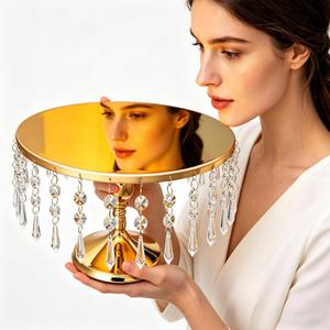 12 In Gold Cake Stand with Crystal Pendants, Gold Pedestal Cake Stand | Dazzling Metal Cake Holder Stand for Wedding, Party, Birthday, Baby Shower, Event Bridal Celebration (1 PC)