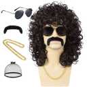 70s 80s Mens Black Wig+Glasses+Golden Chain+Mustache+Wig Cap Long Curly Synthetic Funny Wigs for Retro Outfit Men Party Hippies Rocker Costume Cosplay Halloween5pcs Set