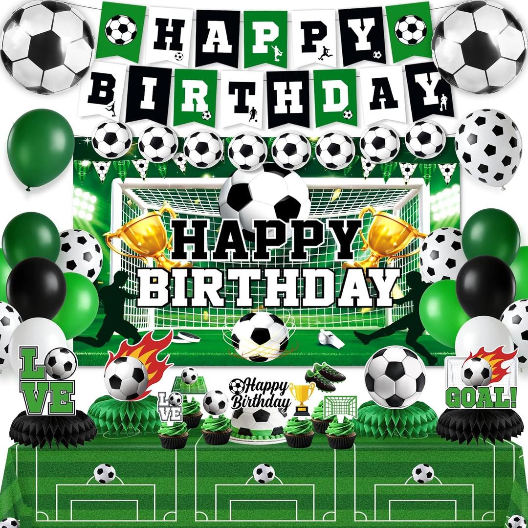 Soccer Birthday Party Decorations, 44Pcs Soccer Party Decorations Included Foil & Latex Balloons Happy Birthday Backdrop Tablecloth Cake Toppers Honeycomb Centerpieces for Boys Soccer Party Supplies