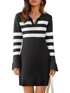 Saodimallsu Womens Striped Sweater Dress V Neck Collared Long Sleeve Slim Fit Ribbed Knit Trendy Mini Dresses Black M