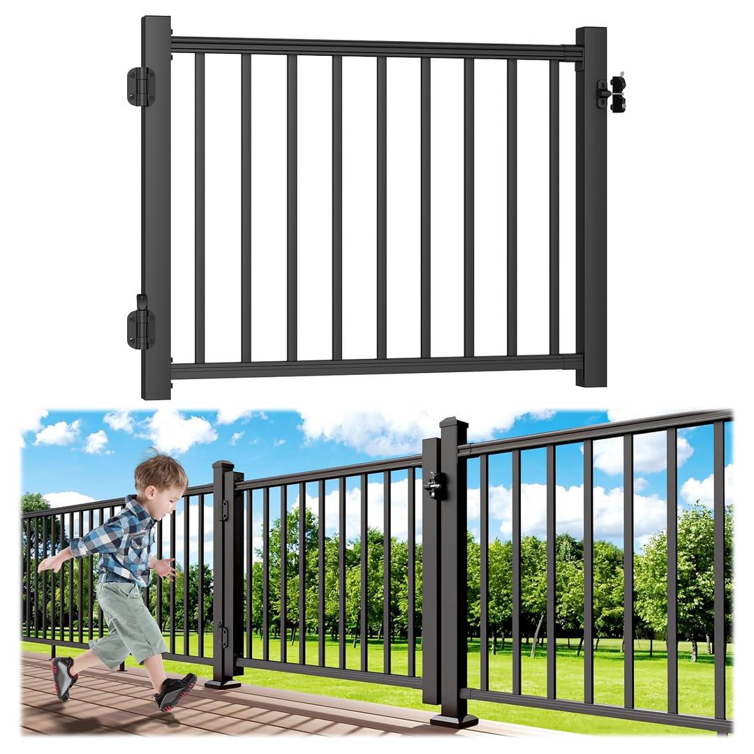 Egadis 4 ft. W Aluminum Deck Gate Kit for 36in. H Railing, Cuttable Black Textured AAMA2604 Powder-Coat Finish Outdoor Gate Kit with Latch and Auto-Closing Hinge for Deck, Patio, Garden, Yard, Porch