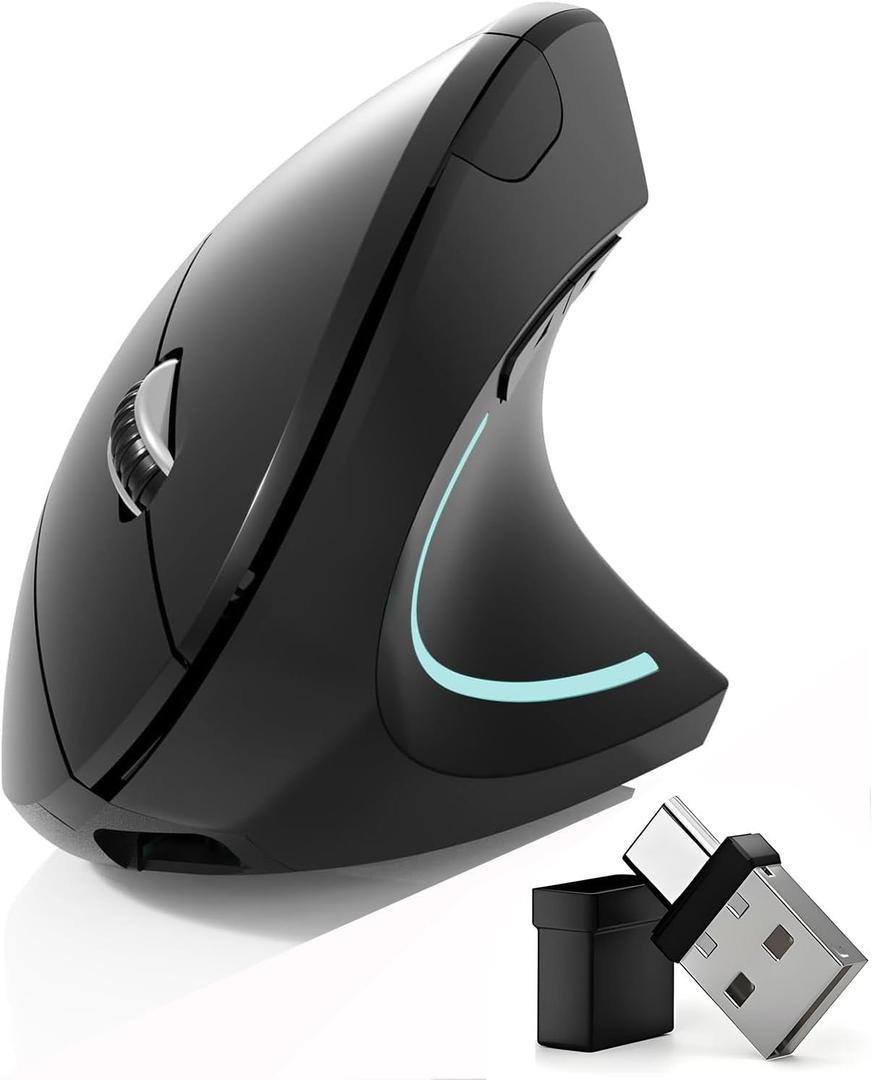 Bluetooth Mouse,Type-c and USB 2.4G Wireless Vertical Mouse Rechargeable Ergonomic Mouse, 800/1200 /1600 DPI, Buttons for Laptop, Desktop, PC, MacBook,Mac Computer (Black)