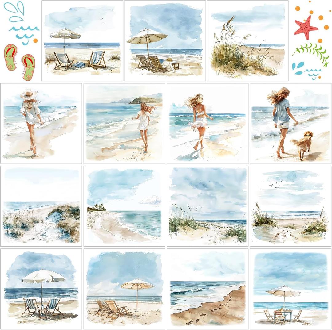 Harloon 15 Sheets Watercolor Summer Beach Rub on Transfers Crafts Beach Window Stickers Rub on Decals for Scrapbook DIY Wood Fabric Journal Dairy Envelope Crafts