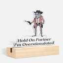 Funny Office Decor, Frog Desk Decor, Hold on Partner I'm Overstimulated Funny Cowboy Frog Shaped Acrylic Sign Plaque with Stand for Home Bedroom Office Desk Decoration