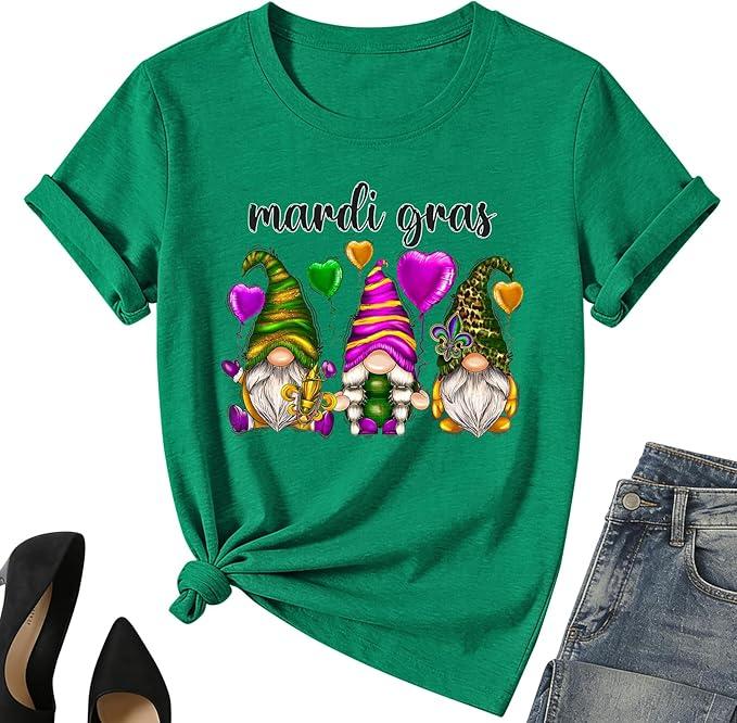 Mardi Gr Gnome Shirt for Women – Fat Tuesday Tee Tops New Orleans Party Short Sleeve, Medium