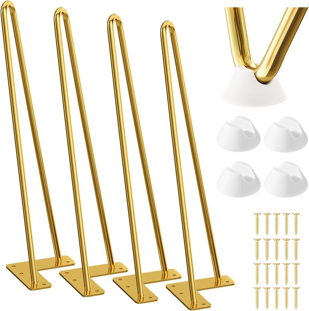 SMARTSTANDARD 16 Inch Hairpin Furniture Legs, 3/8'' Rods Metal Home DIY Projects for Nightstand, Coffee Table, Desk with Rubber Floor Protectors, Gold Set of 4PCS