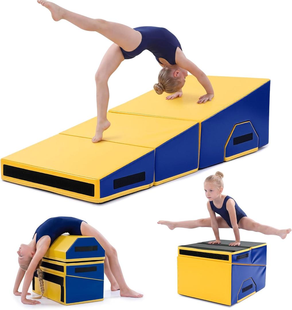 MABOZOO Folding Gymnastics Incline Mat, High Density Foam Cheese Wedge Mat for Kids Tumbling & Home Gym, Non-Slip Folding Skill Trainer for Gymnastics, Stretching, Martial Arts (Yellow & Blue)