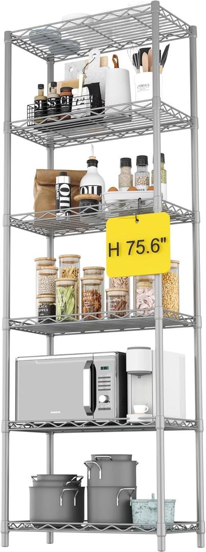 HOMEFORT 6-Tier Wire Shelving, 6 Shelves Unit Metal Storage Rack, Durable Organizer, Perfect for Pantry Closet Kitchen Laundry Organization(Grey) (6 Tiers-21W)