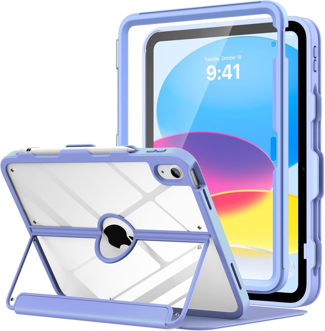 MoKo for iPad 11-inch (A16) 11th Generation Case 2025/ iPad 10th Generation Case with Pencil Holder 2022 10.9 inch, Built-in Screen Protector Clear Back, Multi Angle Viewing Stand, Lavender