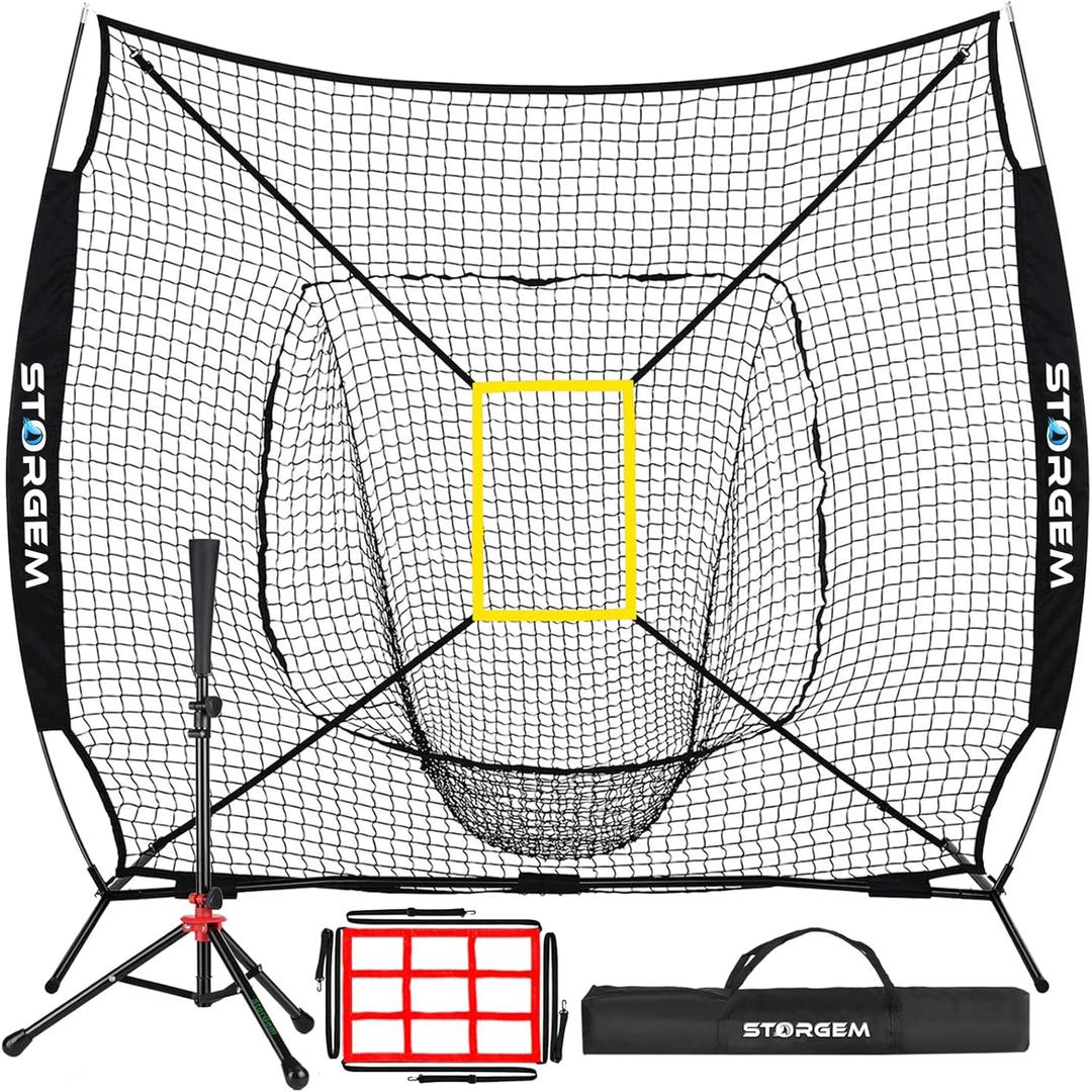 Storgem Baseball and Softball Practice Net 77ft Portable Hitting Pitching Batting Training Net Baseball Backstop Net with Batting Tee and Strike Zone and Bow Frame