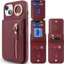 2 x for iPhone 15 Plus Case with Card Holder for Women,for iPhone 15 Plus Phone Case Wallet with Strap Credit Card with Kickstand Zipper Case for Apple15plus - Red Wine