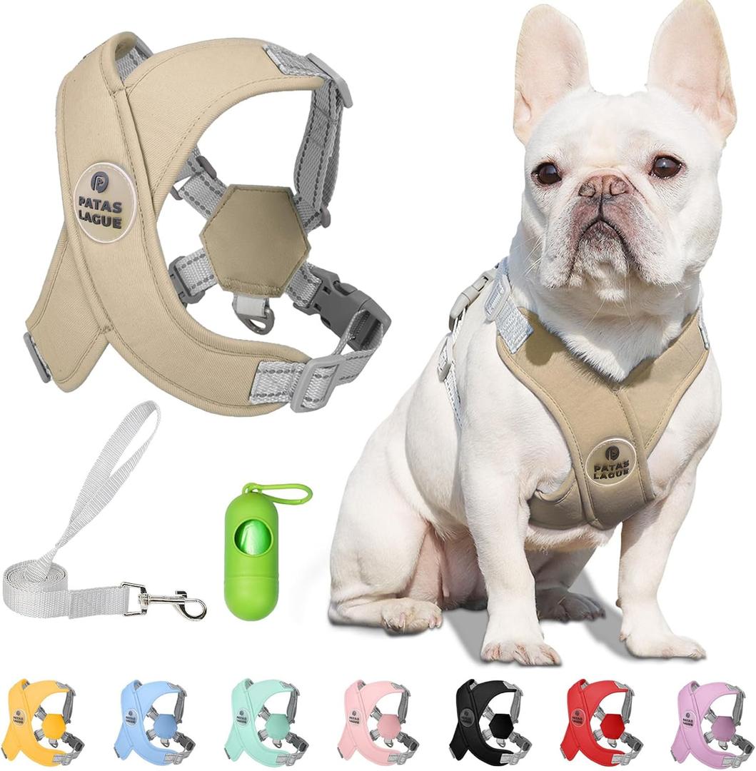 Patas Lague Dog Harness with Leash Set Adjustable Soft Padded Step-in Dog Vest No Choke No Pull Reflective for Small Medium Pets with Poop Bags and Dispenser, Solid and No-chew, Beige S (S (Neck 17.6-20.7'' Chest 20.7-24.7''))