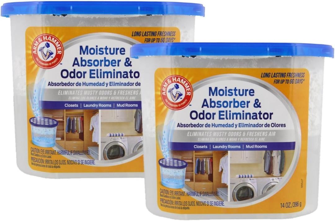 Arm & Hammer Moisture Absorber & Odor Eliminator 14oz Tub, 2 Pack - Eliminates Musty Odors & Freshens Air for Closets, Laundry Rooms, Mud Rooms