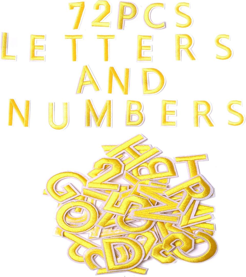 72 PCS Iron on Letters Numbers Patches, Embroidered Patches Letters A-Z Numbers 0-9 Applique for Clothes, Dress, Hat, Jeans, DIY Accessories, Yellow