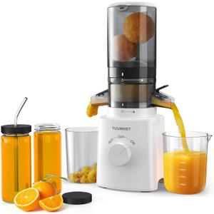 Cold Press Juicer with 8 Juice Bottles - Masticating Juicer Machines for Fruits and Veggies, 4.25" Large Feed Chute, Easy to Clean,White