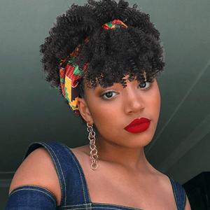 Aisaide Headband Wrap Wigs for Black Women,Synthetic Short Afro Kinky Curly Black Wig with Bangs 2 in 1 Afro Headwrap Wig with Headband Attached Dark Brown High Puff Ponytail (Colourful Turban-2#)