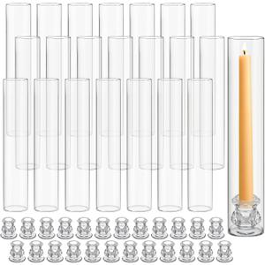 24 Set Glass Hurricane Candle Holders 12.6" Open Ended Glass Candleholder Tube Shape Bottomless and 2.2" Taper Clear Candlestick Holders for Wedding Party Table Centerpiece (Clear)