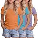 LessonZoo 3 Pack Girls Shirts Scoop Neck Ribbed T Shirts Teens Short Sleeve Slim Fit Summer Tees for Kids Age 5-14(Orange, Turquoise, Mauve,9-10 Years)