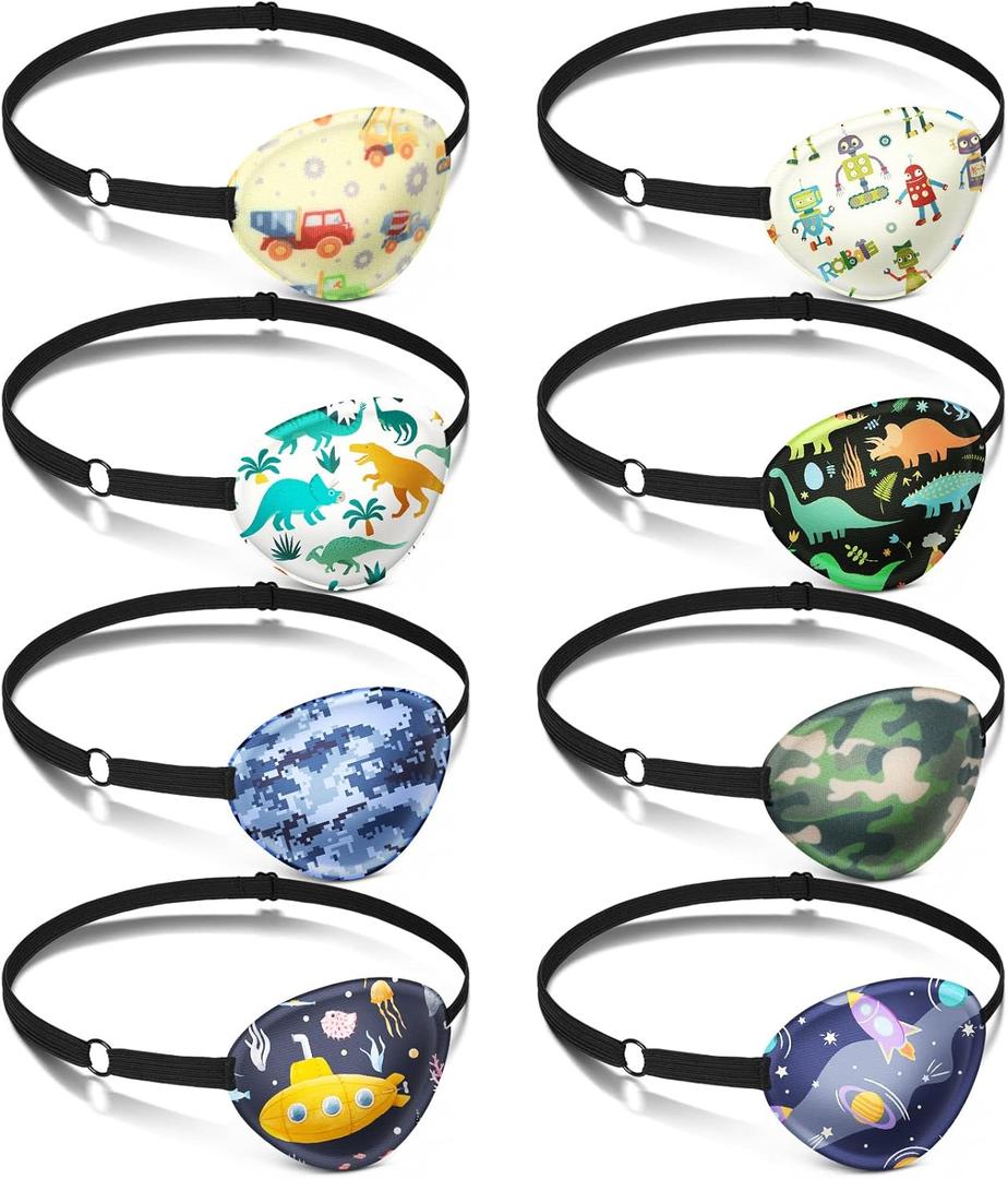 Eurzom 8 Pcs Eye Patches for Kids Adjustable Single Eyepatch Reusable Cute Girls Boys Patch with Elastic Strap for Left or Right Eye Patch, Various Patterns(Cool Style)