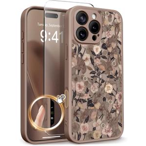 GVIEWIN for iPhone 16 Pro Case Compatible with MagSafe, [Military Grade Protection] [Screen Protector] Full Camera Protection Floral Translucent Women Magnetic Phone Case, Apricot Blossom/Brown